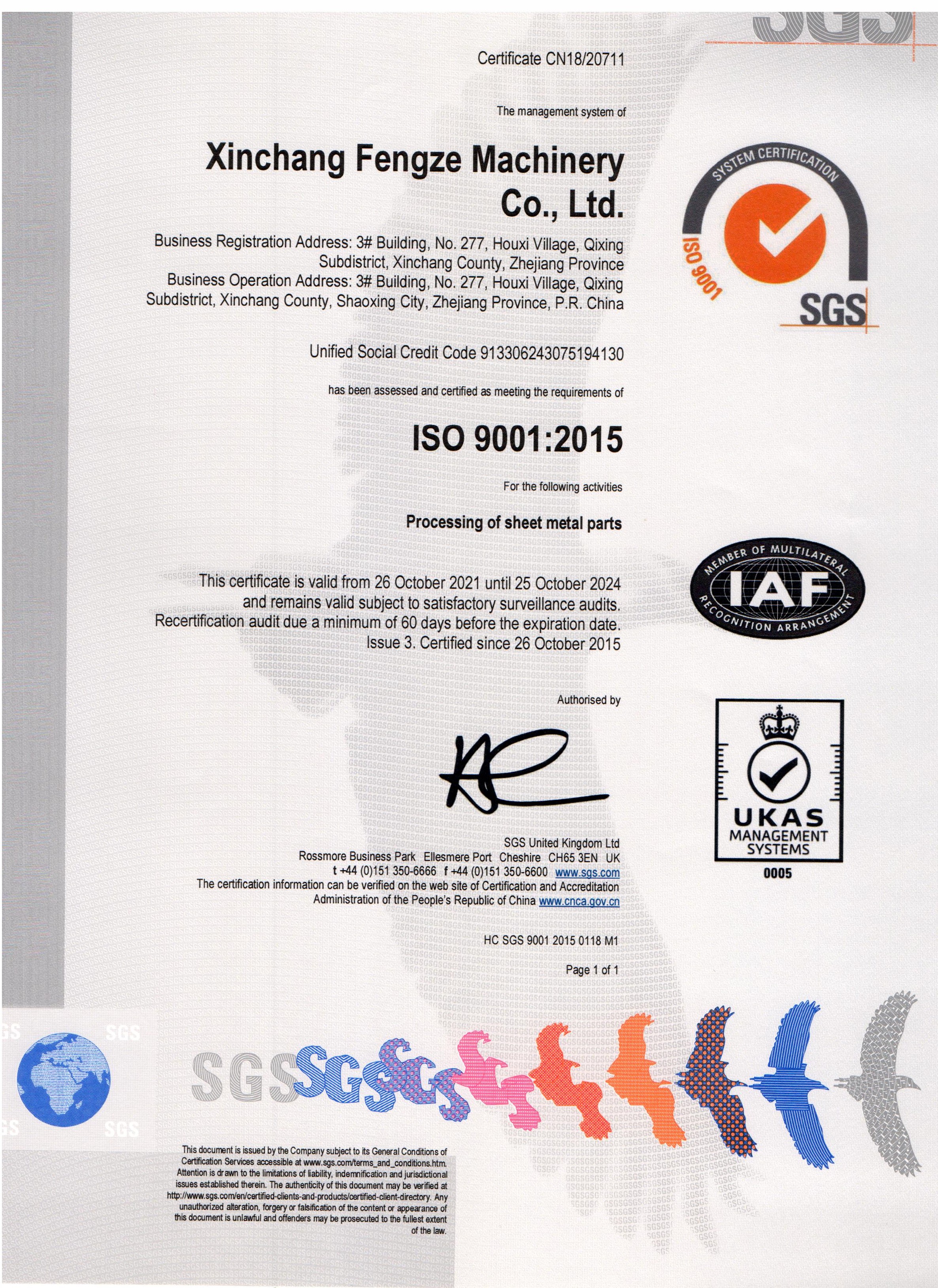 Certifikácia kvality SGS ISO9001